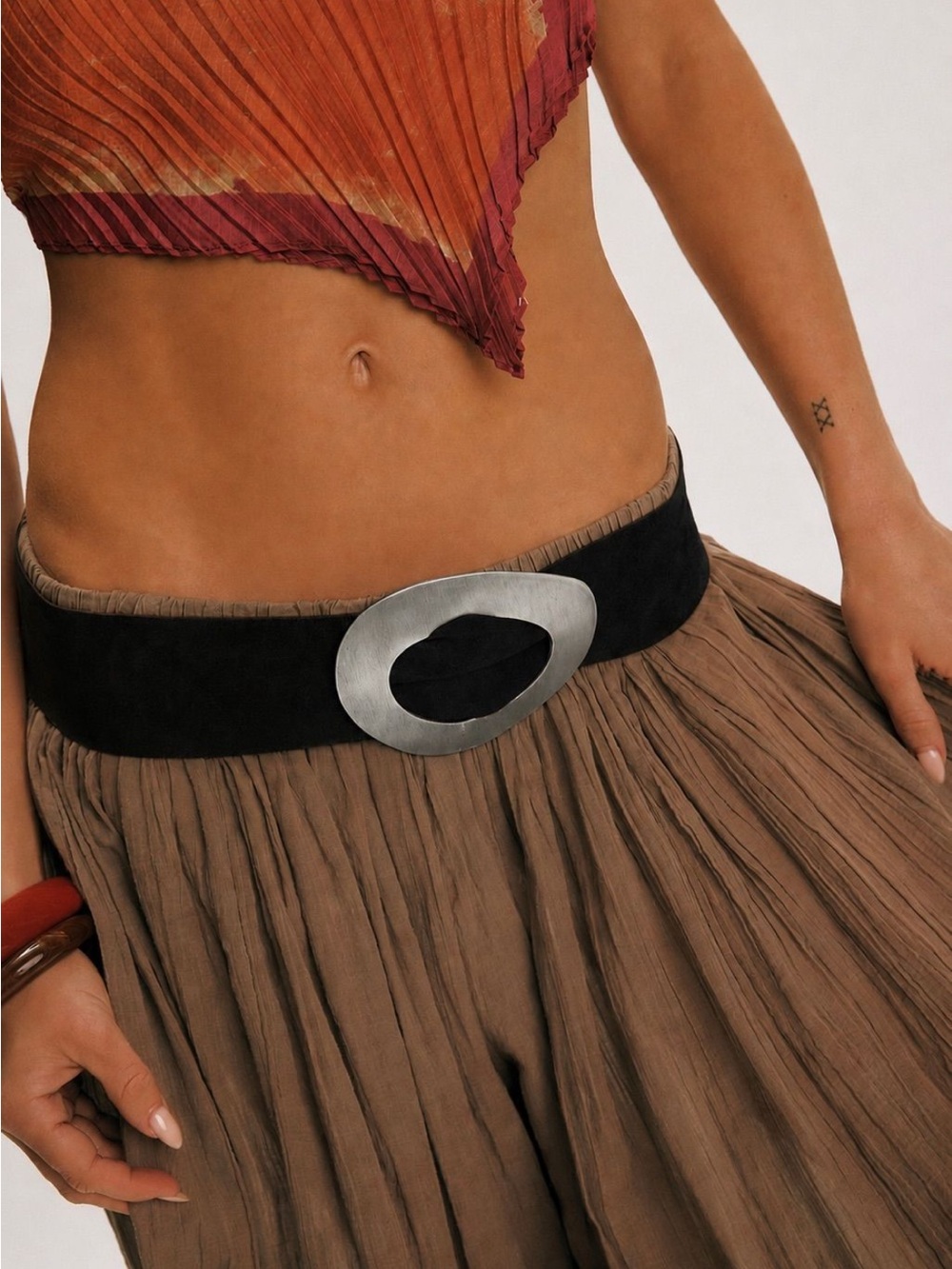Free People Freya Black Suede Belt with Brushed Silver Oval Buckle